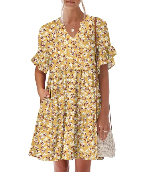 ANRABESS Womens Summer 2025 Trendy Ruffle Short Sleeve V Neck A Line Tiered Flowy Loose Casual Mini Beach Dress with Pockets
