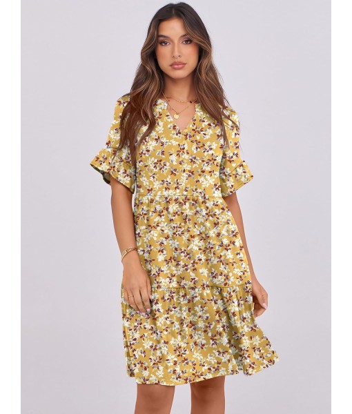 ANRABESS Womens Summer 2025 Trendy Ruffle Short Sleeve V Neck A Line Tiered Flowy Loose Casual Mini Beach Dress with Pockets