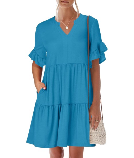 ANRABESS Womens Summer 2025 Trendy Ruffle Short Sleeve V Neck A Line Tiered Flowy Loose Casual Mini Beach Dress with Pockets