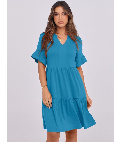 ANRABESS Womens Summer 2025 Trendy Ruffle Short Sleeve V Neck A Line Tiered Flowy Loose Casual Mini Beach Dress with Pockets