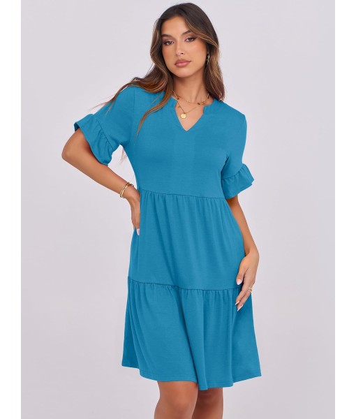 ANRABESS Womens Summer 2025 Trendy Ruffle Short Sleeve V Neck A Line Tiered Flowy Loose Casual Mini Beach Dress with Pockets