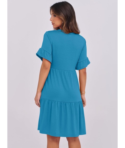 ANRABESS Womens Summer 2025 Trendy Ruffle Short Sleeve V Neck A Line Tiered Flowy Loose Casual Mini Beach Dress with Pockets