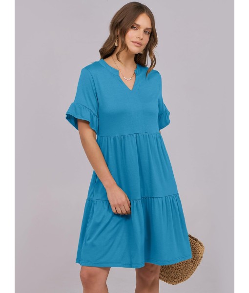 ANRABESS Womens Summer 2025 Trendy Ruffle Short Sleeve V Neck A Line Tiered Flowy Loose Casual Mini Beach Dress with Pockets
