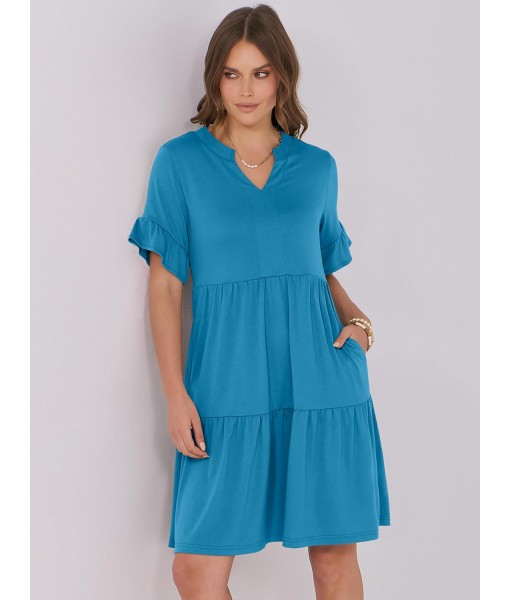 ANRABESS Womens Summer 2025 Trendy Ruffle Short Sleeve V Neck A Line Tiered Flowy Loose Casual Mini Beach Dress with Pockets