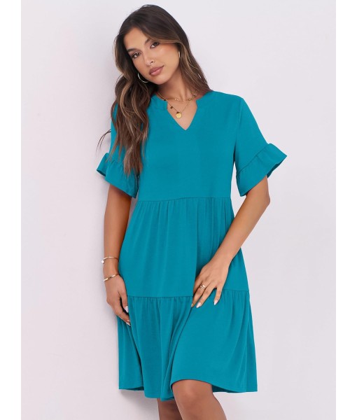 ANRABESS Womens Summer 2025 Trendy Ruffle Short Sleeve V Neck A Line Tiered Flowy Loose Casual Mini Beach Dress with Pockets