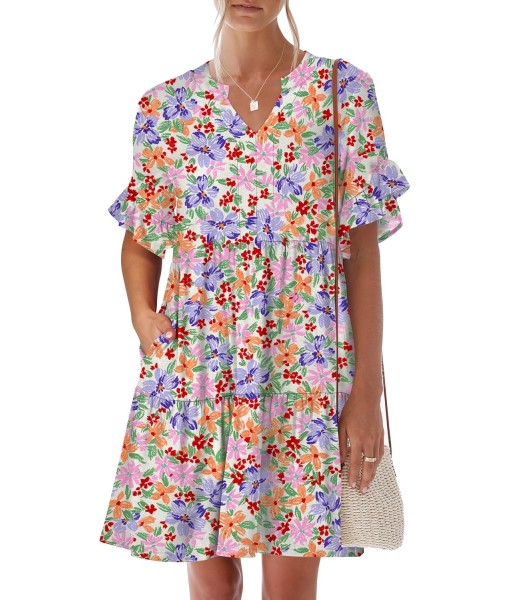 ANRABESS Womens Summer 2025 Trendy Ruffle Short Sleeve V Neck A Line Tiered Flowy Loose Casual Mini Beach Dress with Pockets
