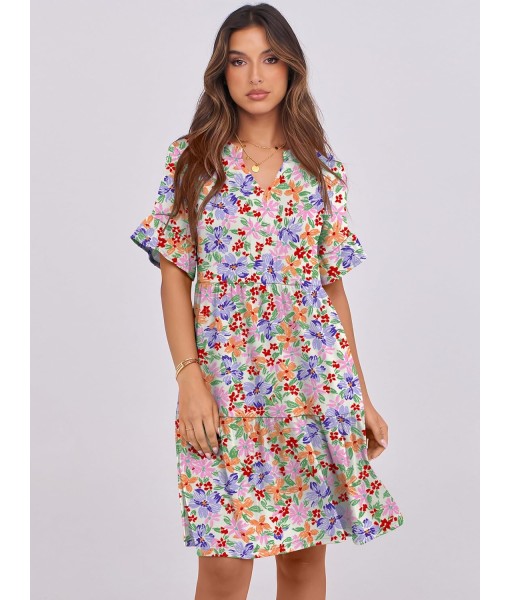 ANRABESS Womens Summer 2025 Trendy Ruffle Short Sleeve V Neck A Line Tiered Flowy Loose Casual Mini Beach Dress with Pockets