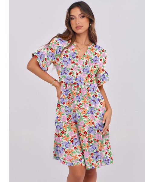 ANRABESS Womens Summer 2025 Trendy Ruffle Short Sleeve V Neck A Line Tiered Flowy Loose Casual Mini Beach Dress with Pockets