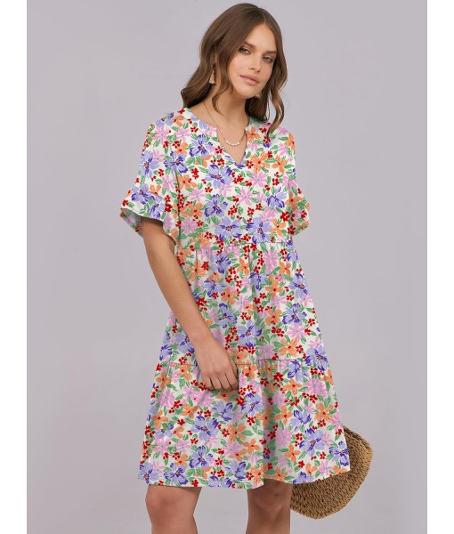 ANRABESS Womens Summer 2025 Trendy Ruffle Short Sleeve V Neck A Line Tiered Flowy Loose Casual Mini Beach Dress with Pockets