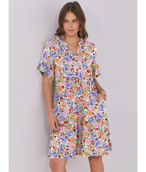 ANRABESS Womens Summer 2025 Trendy Ruffle Short Sleeve V Neck A Line Tiered Flowy Loose Casual Mini Beach Dress with Pockets