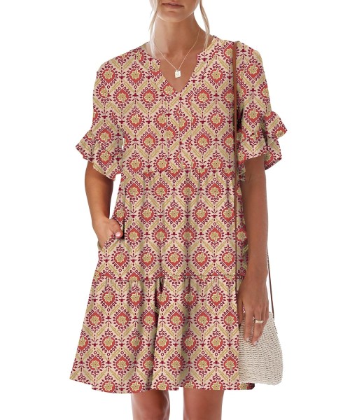 ANRABESS Womens Summer 2025 Trendy Ruffle Short Sleeve V Neck A Line Tiered Flowy Loose Casual Mini Beach Dress with Pockets