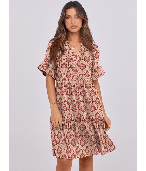 ANRABESS Womens Summer 2025 Trendy Ruffle Short Sleeve V Neck A Line Tiered Flowy Loose Casual Mini Beach Dress with Pockets