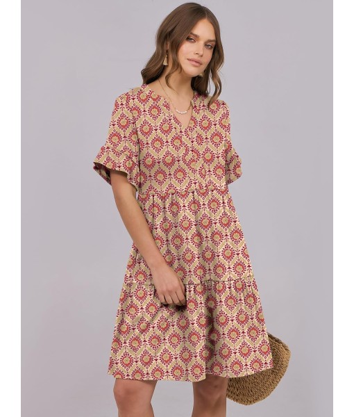 ANRABESS Womens Summer 2025 Trendy Ruffle Short Sleeve V Neck A Line Tiered Flowy Loose Casual Mini Beach Dress with Pockets