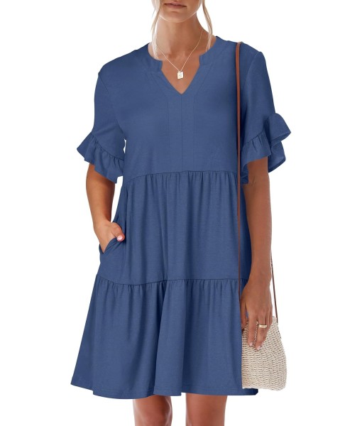 ANRABESS Womens Summer 2025 Trendy Ruffle Short Sleeve V Neck A Line Tiered Flowy Loose Casual Mini Beach Dress with Pockets