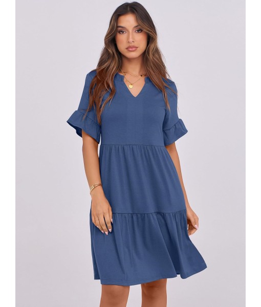 ANRABESS Womens Summer 2025 Trendy Ruffle Short Sleeve V Neck A Line Tiered Flowy Loose Casual Mini Beach Dress with Pockets