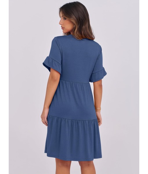 ANRABESS Womens Summer 2025 Trendy Ruffle Short Sleeve V Neck A Line Tiered Flowy Loose Casual Mini Beach Dress with Pockets