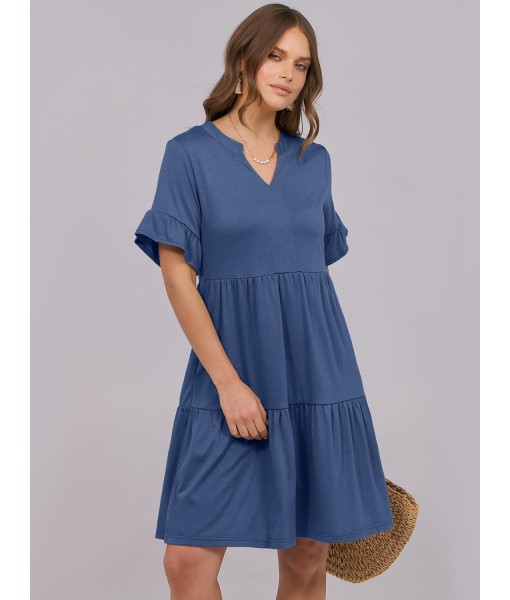 ANRABESS Womens Summer 2025 Trendy Ruffle Short Sleeve V Neck A Line Tiered Flowy Loose Casual Mini Beach Dress with Pockets