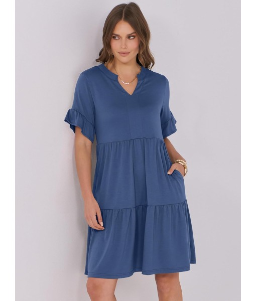 ANRABESS Womens Summer 2025 Trendy Ruffle Short Sleeve V Neck A Line Tiered Flowy Loose Casual Mini Beach Dress with Pockets