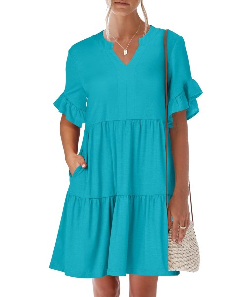ANRABESS Womens Summer 2025 Trendy Ruffle Short Sleeve V Neck A Line Tiered Flowy Loose Casual Mini Beach Dress with Pockets