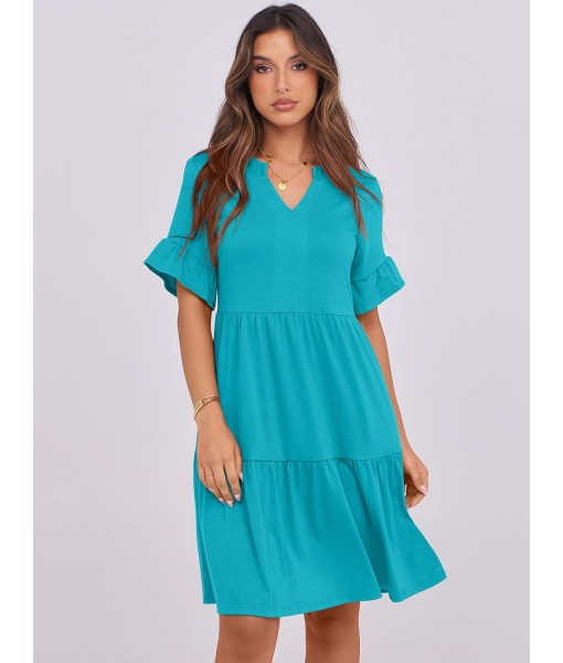 ANRABESS Womens Summer 2025 Trendy Ruffle Short Sleeve V Neck A Line Tiered Flowy Loose Casual Mini Beach Dress with Pockets