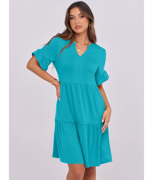 ANRABESS Womens Summer 2025 Trendy Ruffle Short Sleeve V Neck A Line Tiered Flowy Loose Casual Mini Beach Dress with Pockets