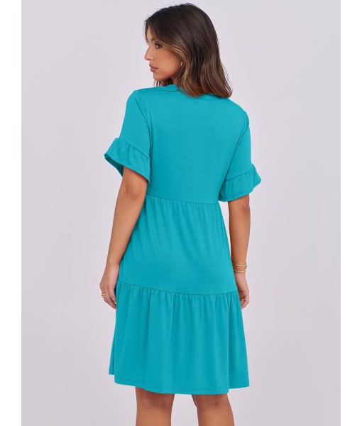 ANRABESS Womens Summer 2025 Trendy Ruffle Short Sleeve V Neck A Line Tiered Flowy Loose Casual Mini Beach Dress with Pockets