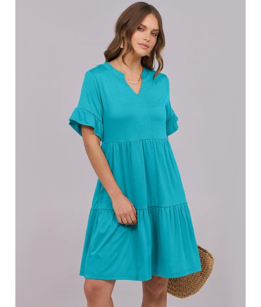 ANRABESS Womens Summer 2025 Trendy Ruffle Short Sleeve V Neck A Line Tiered Flowy Loose Casual Mini Beach Dress with Pockets