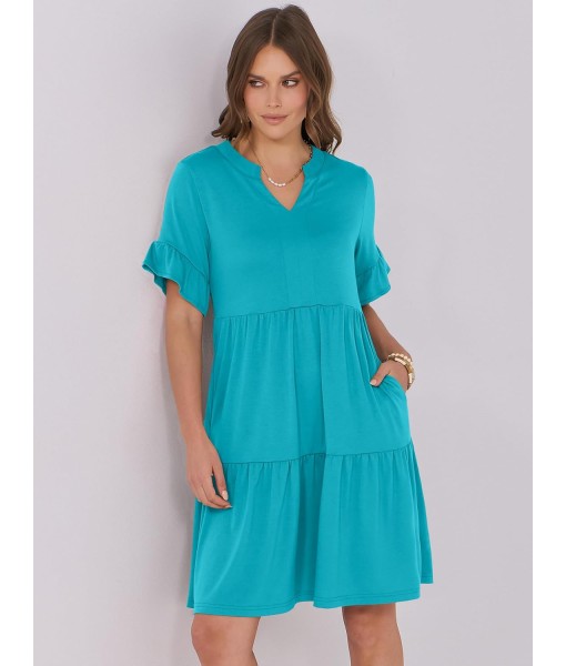 ANRABESS Womens Summer 2025 Trendy Ruffle Short Sleeve V Neck A Line Tiered Flowy Loose Casual Mini Beach Dress with Pockets