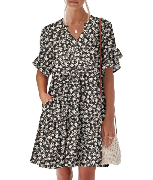ANRABESS Womens Summer 2025 Trendy Ruffle Short Sleeve V Neck A Line Tiered Flowy Loose Casual Mini Beach Dress with Pockets
