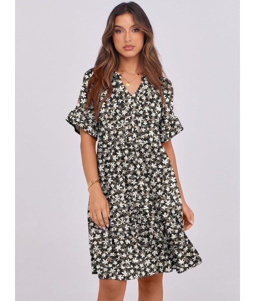 ANRABESS Womens Summer 2025 Trendy Ruffle Short Sleeve V Neck A Line Tiered Flowy Loose Casual Mini Beach Dress with Pockets