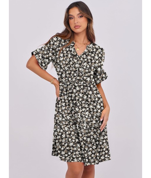 ANRABESS Womens Summer 2025 Trendy Ruffle Short Sleeve V Neck A Line Tiered Flowy Loose Casual Mini Beach Dress with Pockets