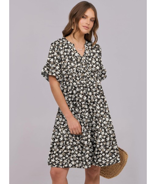 ANRABESS Womens Summer 2025 Trendy Ruffle Short Sleeve V Neck A Line Tiered Flowy Loose Casual Mini Beach Dress with Pockets
