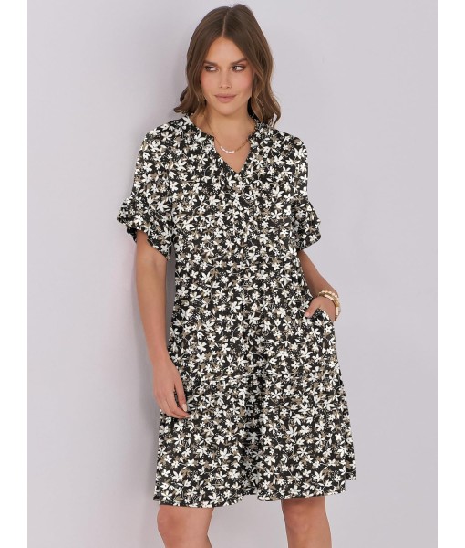 ANRABESS Womens Summer 2025 Trendy Ruffle Short Sleeve V Neck A Line Tiered Flowy Loose Casual Mini Beach Dress with Pockets