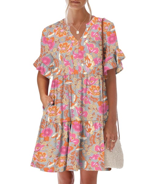 ANRABESS Womens Summer 2025 Trendy Ruffle Short Sleeve V Neck A Line Tiered Flowy Loose Casual Mini Beach Dress with Pockets