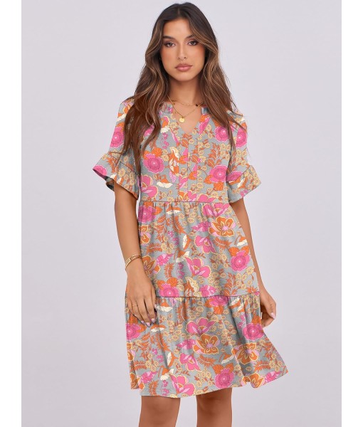 ANRABESS Womens Summer 2025 Trendy Ruffle Short Sleeve V Neck A Line Tiered Flowy Loose Casual Mini Beach Dress with Pockets