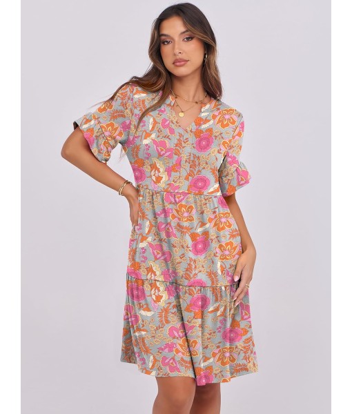 ANRABESS Womens Summer 2025 Trendy Ruffle Short Sleeve V Neck A Line Tiered Flowy Loose Casual Mini Beach Dress with Pockets