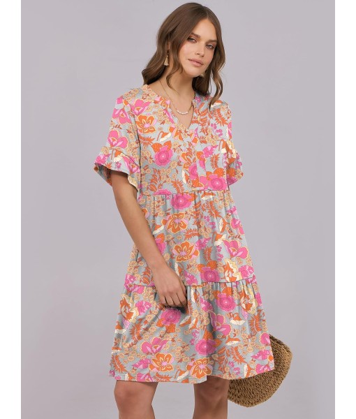 ANRABESS Womens Summer 2025 Trendy Ruffle Short Sleeve V Neck A Line Tiered Flowy Loose Casual Mini Beach Dress with Pockets