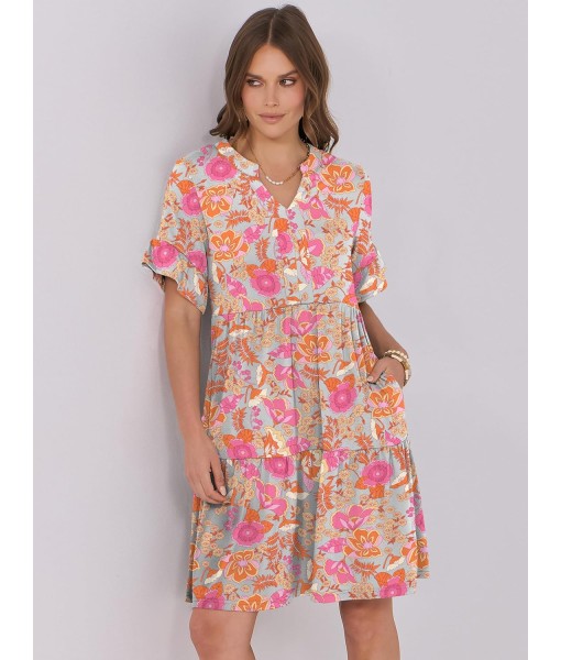 ANRABESS Womens Summer 2025 Trendy Ruffle Short Sleeve V Neck A Line Tiered Flowy Loose Casual Mini Beach Dress with Pockets