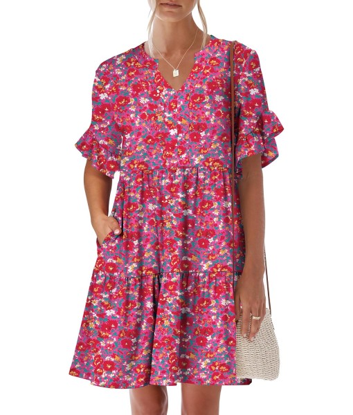 ANRABESS Womens Summer 2025 Trendy Ruffle Short Sleeve V Neck A Line Tiered Flowy Loose Casual Mini Beach Dress with Pockets