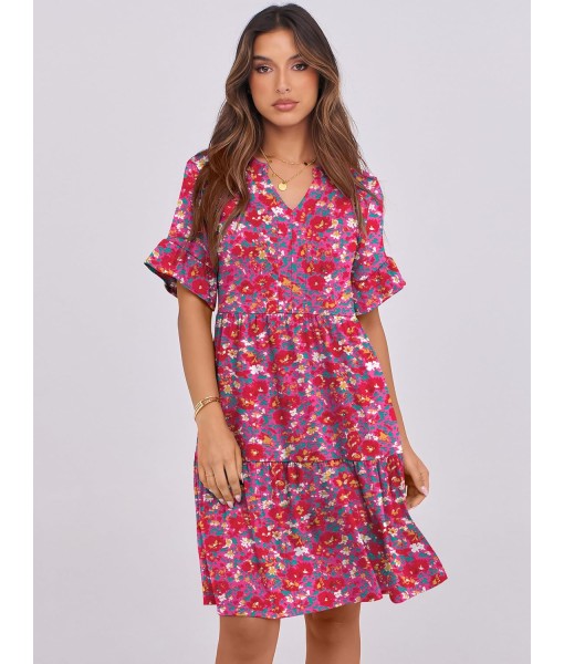 ANRABESS Womens Summer 2025 Trendy Ruffle Short Sleeve V Neck A Line Tiered Flowy Loose Casual Mini Beach Dress with Pockets