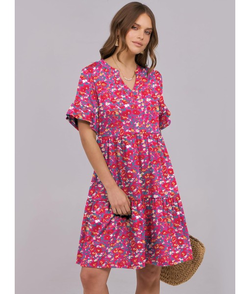 ANRABESS Womens Summer 2025 Trendy Ruffle Short Sleeve V Neck A Line Tiered Flowy Loose Casual Mini Beach Dress with Pockets