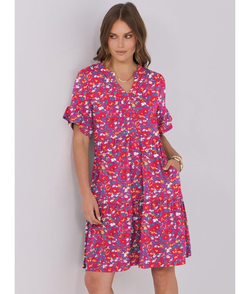 ANRABESS Womens Summer 2025 Trendy Ruffle Short Sleeve V Neck A Line Tiered Flowy Loose Casual Mini Beach Dress with Pockets