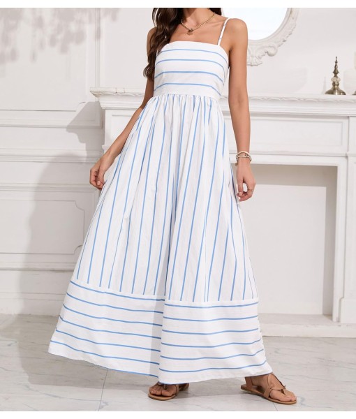 chouyatou Women's Striped Back Smocked Maxi Dress Sexy Spaghetti Strap Cut Out Flowy Swing Long Dress