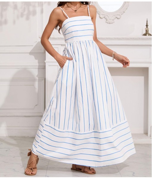 chouyatou Women's Striped Back Smocked Maxi Dress Sexy Spaghetti Strap Cut Out Flowy Swing Long Dress