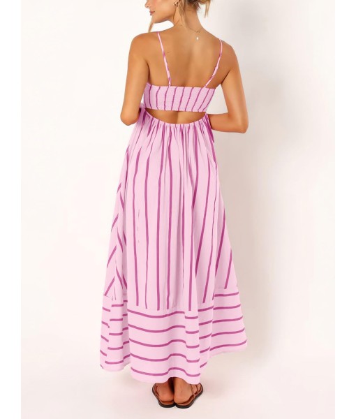 chouyatou Women's Striped Back Smocked Maxi Dress Sexy Spaghetti Strap Cut Out Flowy Swing Long Dress