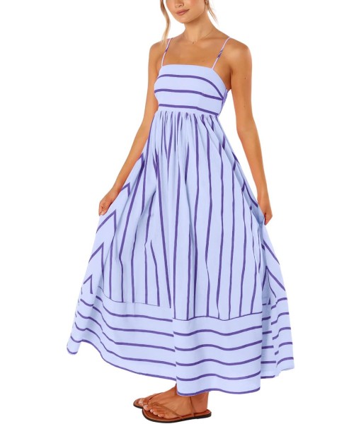 chouyatou Women's Striped Back Smocked Maxi Dress Sexy Spaghetti Strap Cut Out Flowy Swing Long Dress