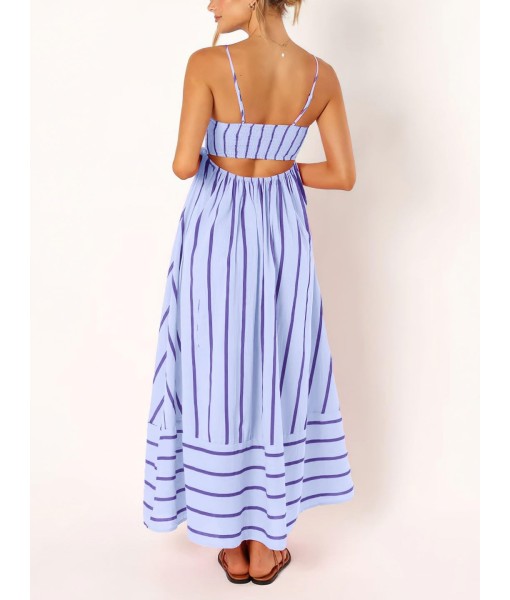 chouyatou Women's Striped Back Smocked Maxi Dress Sexy Spaghetti Strap Cut Out Flowy Swing Long Dress