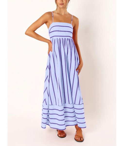 chouyatou Women's Striped Back Smocked Maxi Dress Sexy Spaghetti Strap Cut Out Flowy Swing Long Dress
