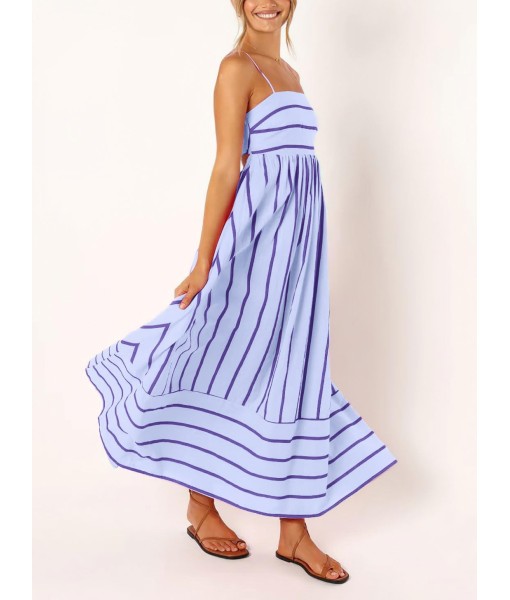 chouyatou Women's Striped Back Smocked Maxi Dress Sexy Spaghetti Strap Cut Out Flowy Swing Long Dress
