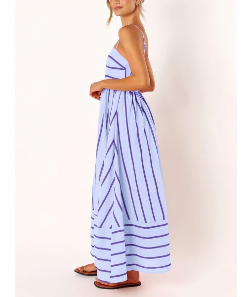 chouyatou Women's Striped Back Smocked Maxi Dress Sexy Spaghetti Strap Cut Out Flowy Swing Long Dress